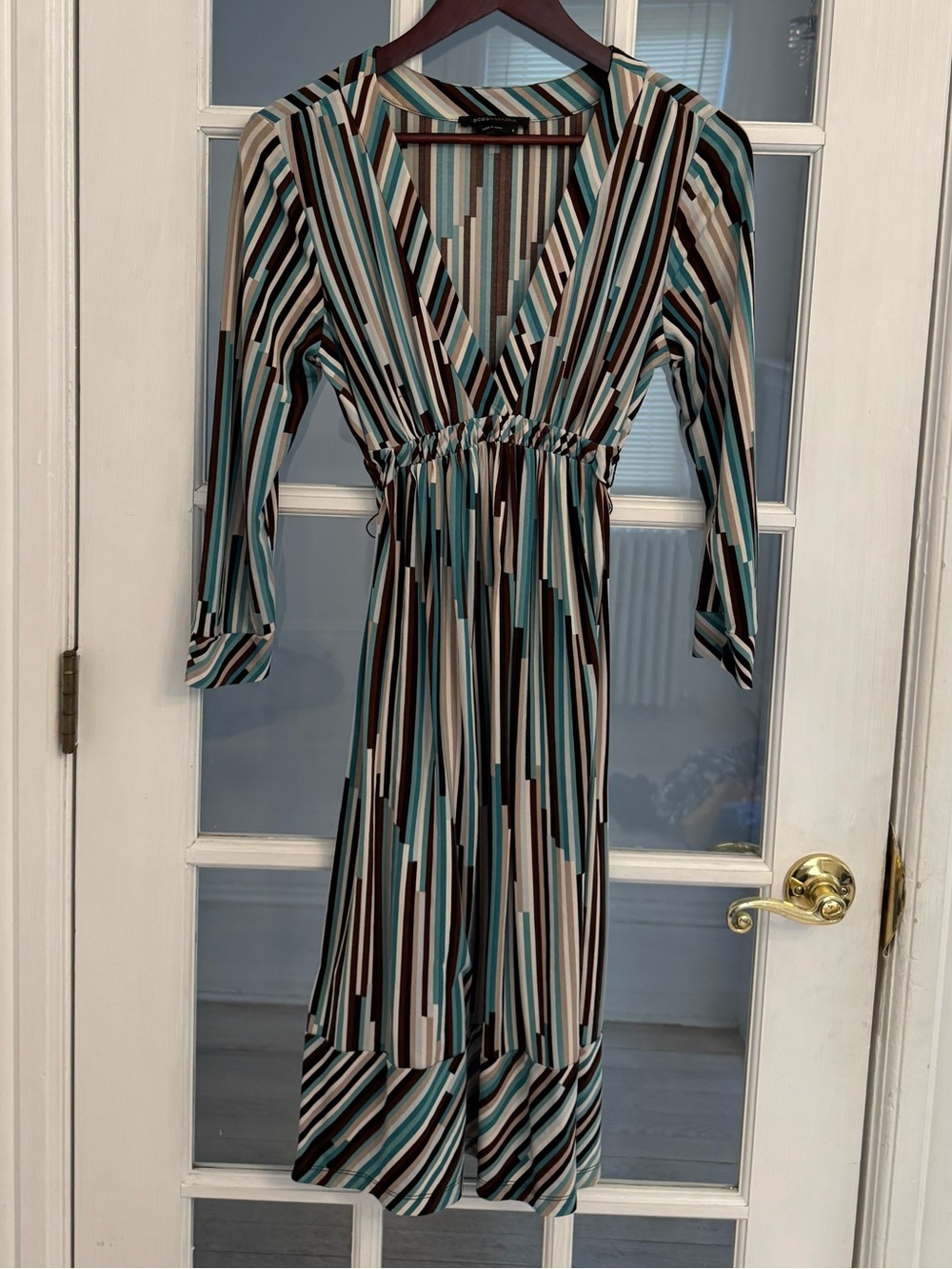 BCBGMaxAzria Women’s Striped V-Neck Long Sleeve Tie Waist Midi Dress Size S